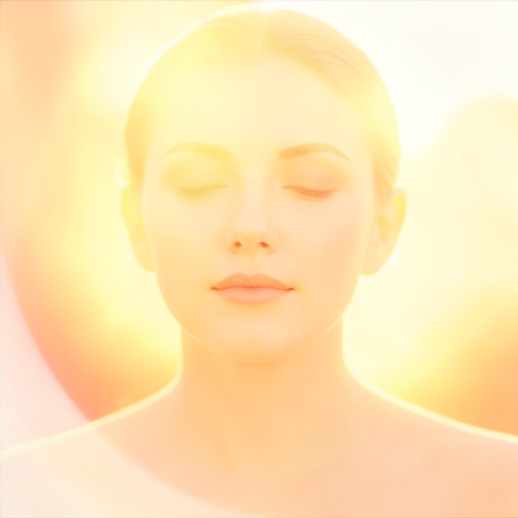 A bright, open portrait bathed in golden sunlight with a serene expression, suggesting renewal and inner peace.